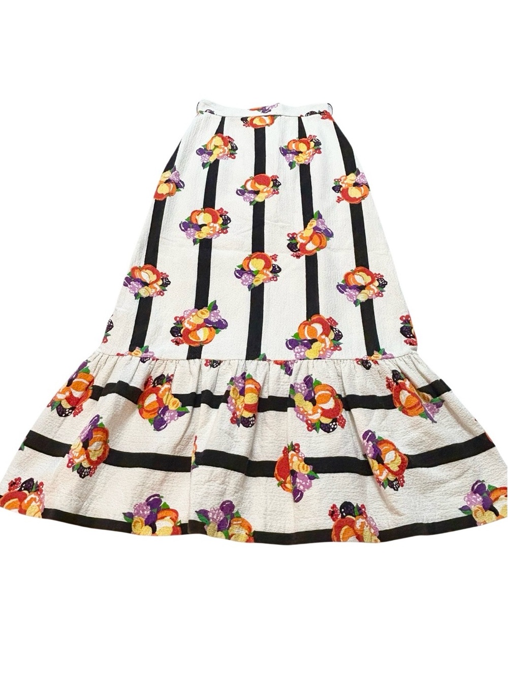 Handmade Vtg Harvest Fruit Print Maxi Skirt Off White Tiered Boho Womens READ